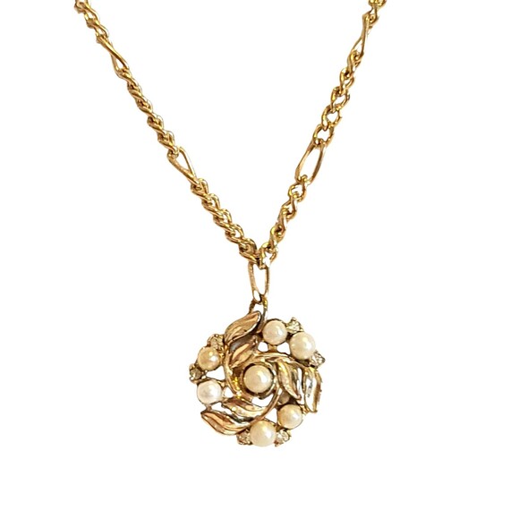 Vintage Faux Champagne Pearl Filigree Pendant Necklace 14kGP Gold Chain 20" - Picture 6 of 8